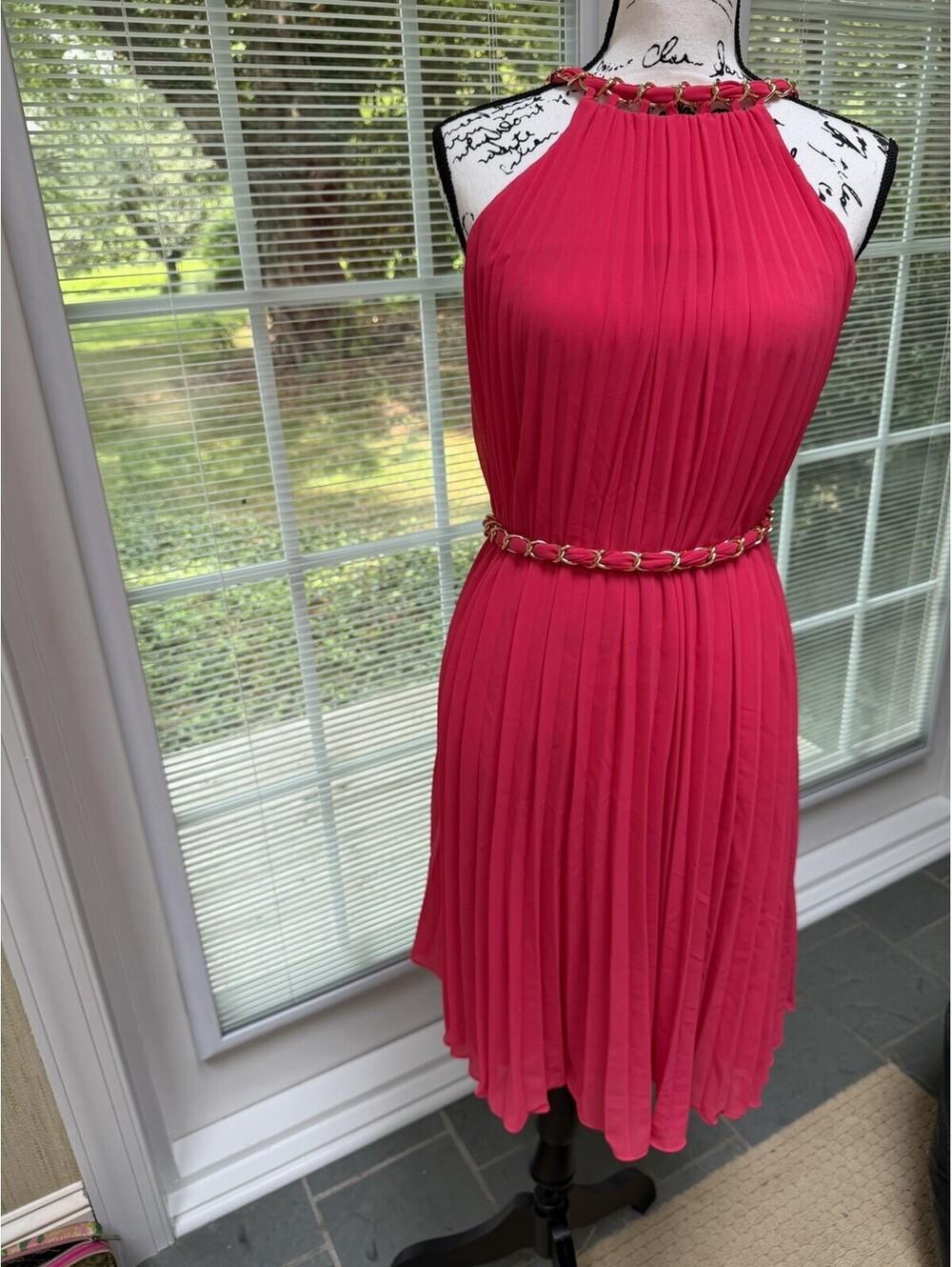 White House Black Market Hot Pink Pleated Halter Midi Dress Size S. NWOT
